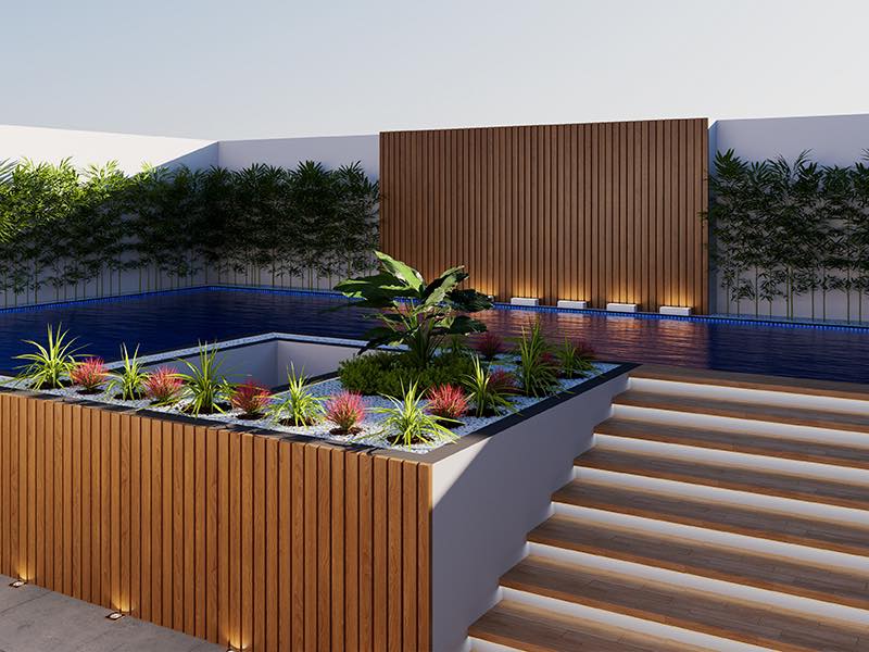 Alberca en rooftop con camastros